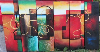 BIN PRICE $25. SIX PANEL WALL ART ABSTRACT PAINTINGS ON CANVAS. EACH PANEL MEASURES 31.5" HIGH 