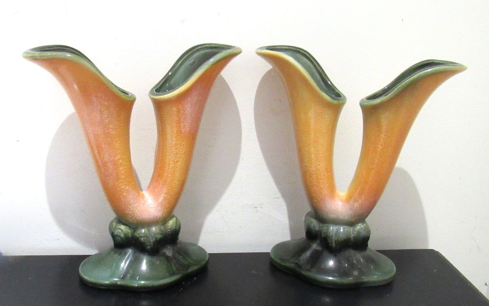 BIN PRICE $10.PAIR MCM CORNUCOPIA HULL ART POTTERY VASES. BOTH FOR ONE BID.