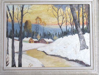 NORTHUMBERLAND HOMESTEAD IN WINTER OIL PAINTING ON BOARD. C.1950S
8.5" HIGH X 11.5" WIDE.