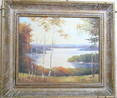 LAKE CONSECON OIL PAINTING. LISTED CDN ARTIST E.FRANCIS IMAGE SIZE 9.25" HIGH X 11.25" WIDE.