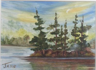 ONTARIO SCHOOL WATERCOLOR PAINTING SIGNED JANS. IMAGE SIZE 4.5" HIGH X 6.25" WIDE.
