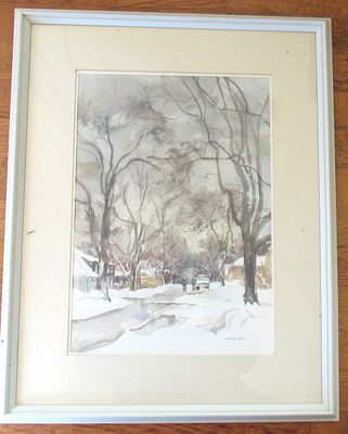 SIGNED TORONTO WINTER STREETSCAPE WATERCOLOR PAINTING. IMAGE SIZE 16.5" HIGH X 11.75" WIDE.