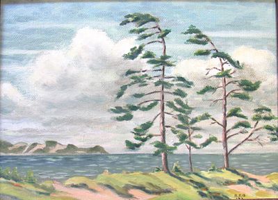 PORT HOPE/SOUTH AFRICA SIGNED R.E. BARRETT OIL PAINTING ON BOARD. SEE INFO ON BACK PIC 3.