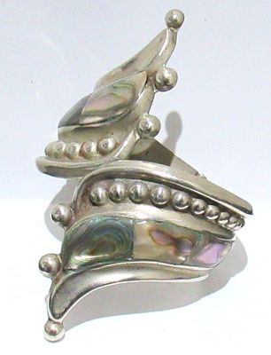 Vintage Alpaca Silver & Abalone Swirling Bypass Clamper Cuff Bracelet.