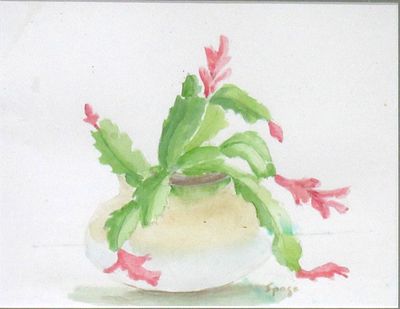 SIGNED ISOBEL PAGE "CHRISTMAS CACTUS" WATERCOLOR PAINTING.