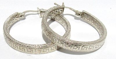 STERLING SILVER GREEK KEY HOOP EARRINGS.