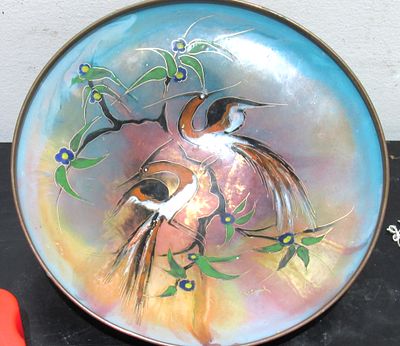 BIN PRICE $10.SIGNED ENAMEL ON COPPER MCM LOVE BIRDS VESSEL. 6.75" IN DIAMETER.