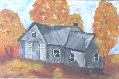 BIN PRICE $20. NAIVE LOCAL FALL SCENE PAINTING ON BOARD. C.1950S 9" HIGH X 13.25 WIDE