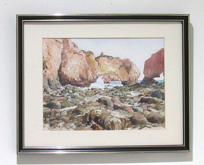 SIGNED JULIO AMARO LISTED ARTIST WATERCOLOR ROCKY SHORELINE PORTUGAL.