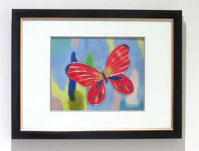 BIN PRICE $25. MIXED MEDIA COLORFUL BUTTERFLY FRAMED ART WORK. IMAGE SIZE 7" HIGH X X 9" WIDE.