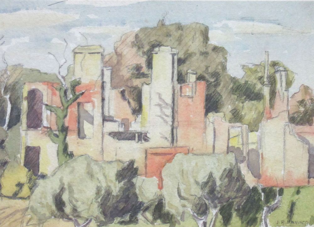 BIN PRICE $25.MILITARY INTEREST WW11 BOMBED BUILDINGS LONDON WATERCOLOR BY NOTED CANADIAN ART 