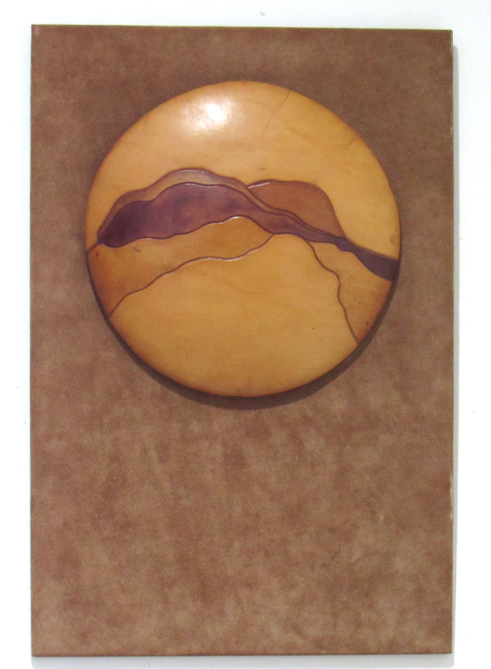 BIN PRICE $15. SIGNED MCM MIXED MEDIA (LEATHER AND SUEDE) ART WORK. IMAGE SIZE 21" HIGH X 14" WIDE