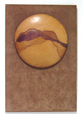 BIN PRICE $15. SIGNED MCM MIXED MEDIA (LEATHER AND SUEDE) ART WORK. IMAGE SIZE 21" HIGH X 14" WIDE