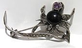 BIN PRICE $20. STERLING SILVER BROOCH WITH AMETHYST GEMSTONE/ONYX CABOCHON//MARCASITES.Image - 1