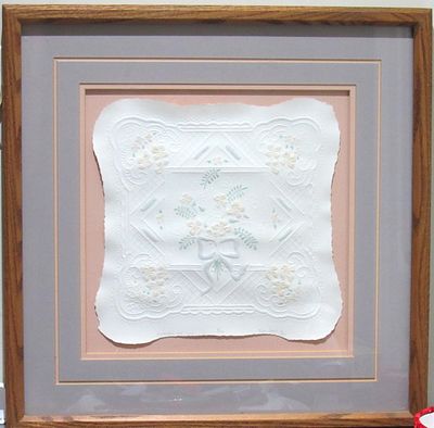 BIN PRICE $25. FRAMED 3D PRESSED PAPER PRINT "EMBROIDERY & LINEN. KAREN SMITH ARTIST. PRINT IS 