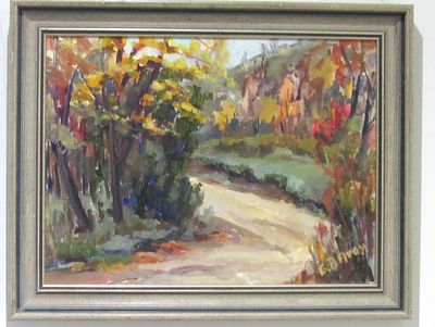 BIN PRICE $25. SIGNED OIL PAINTING ON BOARD. RURAL ONTARIO FALL SCENE. EATON'S GALLERY TAG.