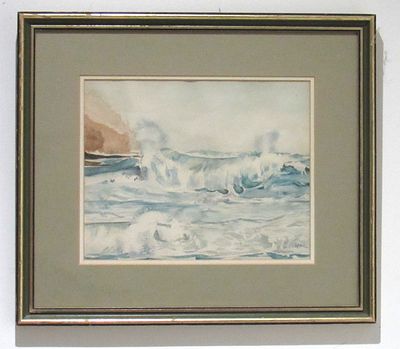 BIN PRICE $25. SIGNED WATERCOLOR ONTARIO SHORELINE WITH WAVES.