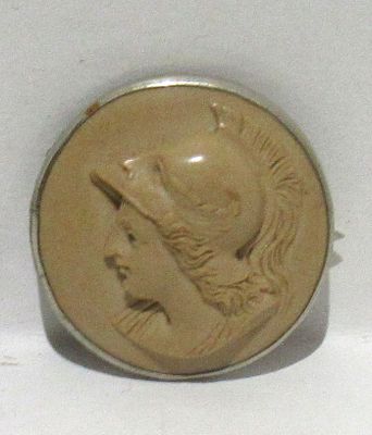 ANTIQUE CARVED LAVA WARRIOR BROOCH.