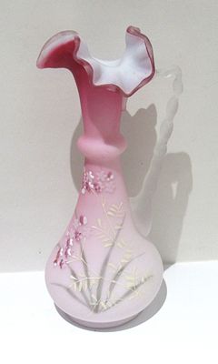 SPECTACULAR VICTORIAN CASED GLASS CRANBERRY/PINK ENAMELLED VASE/EWER. APPLIED FROSTED GLASS 