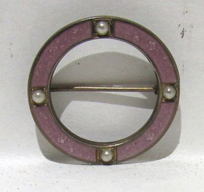 ANTIQUE STERLING SILVER BROOCH WITH ENAMEL AND SEED PEARLS,