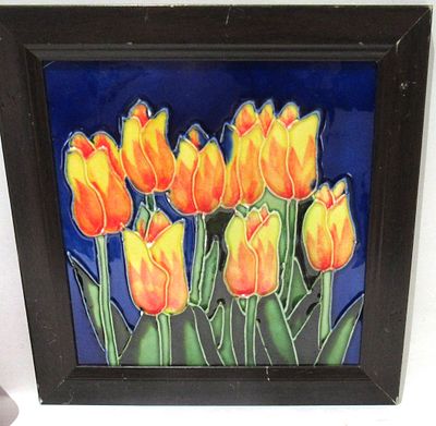 BIN PRICE PRICE $10. FRAMED MAJOLICA GLAZE TULIPS TILE.