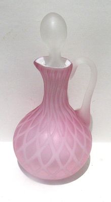 ANTIQUE VICTORIAN DIAMOND QUILTED PINK SATIN GLASS CRUET.