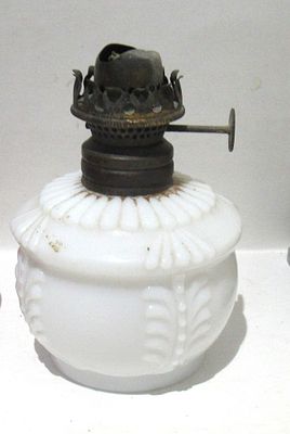 BUY=IT=NOW PRICE $20. ANTIQUE MINIATURE MILK GLASS OIL LAMP, NO CHIMNEY.