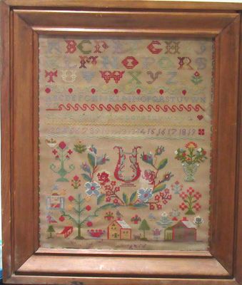 ANTIQUE VICTORIAN SAMPLER. IMAGE SIZE EXCLUDING FRAME 18" HIGH X 14" WIDE.