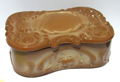 RARE CHOCOLATE SLAG GLASS COVERED DRESSER BOX.