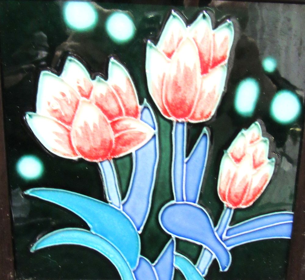 Lot 391: BUY-IT-NOW PRICE $10. FRAMED MAJOLICA FLORAL TILE.
