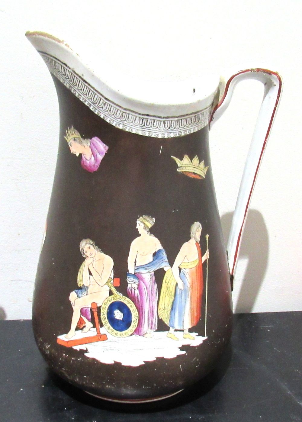 Lot 392: BUY-IT-NOW PRICE $25. ANTIQUE HAND DECORATED WATER PITCHER. NO CHIPS, CRACKS, REPAIRS. RUB MARKS AROUND BASE AS PICTURED.