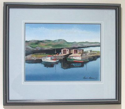 BUY-IT-NOW PRICE $150. FRAMED AND MATTED WATERCOLOR BY NOTED NEWFOUNDLAND ARTIST LOUISE 