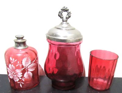 BUY-IT-NOW PRICE $15. 3 PIECES VICTORIAN CRANBERRY GLASS. 2 RIGHT HAVE MINOR ROUGHAGE ON RIMS.