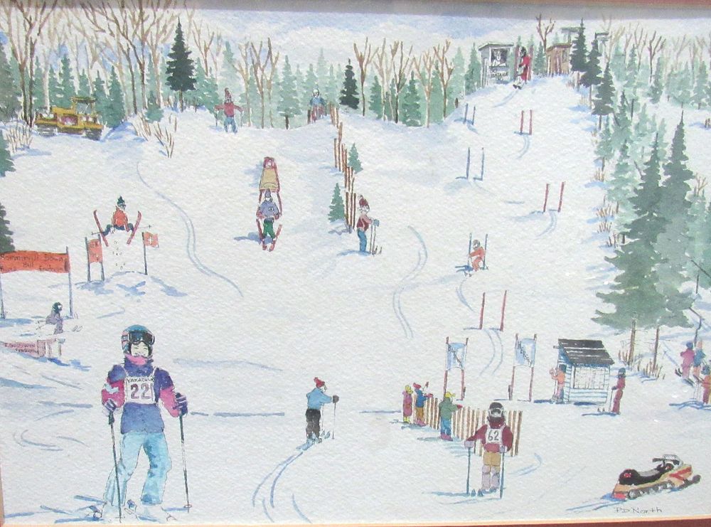 Lot 543: BUY-IT-NOW PRICE $50. SKI HILL WATERCOLOR ON ARTISTS PAPER. PLENTY GOING ON IN THIS NAIVE ONTARIO SKI HILL WINTER SCENE.