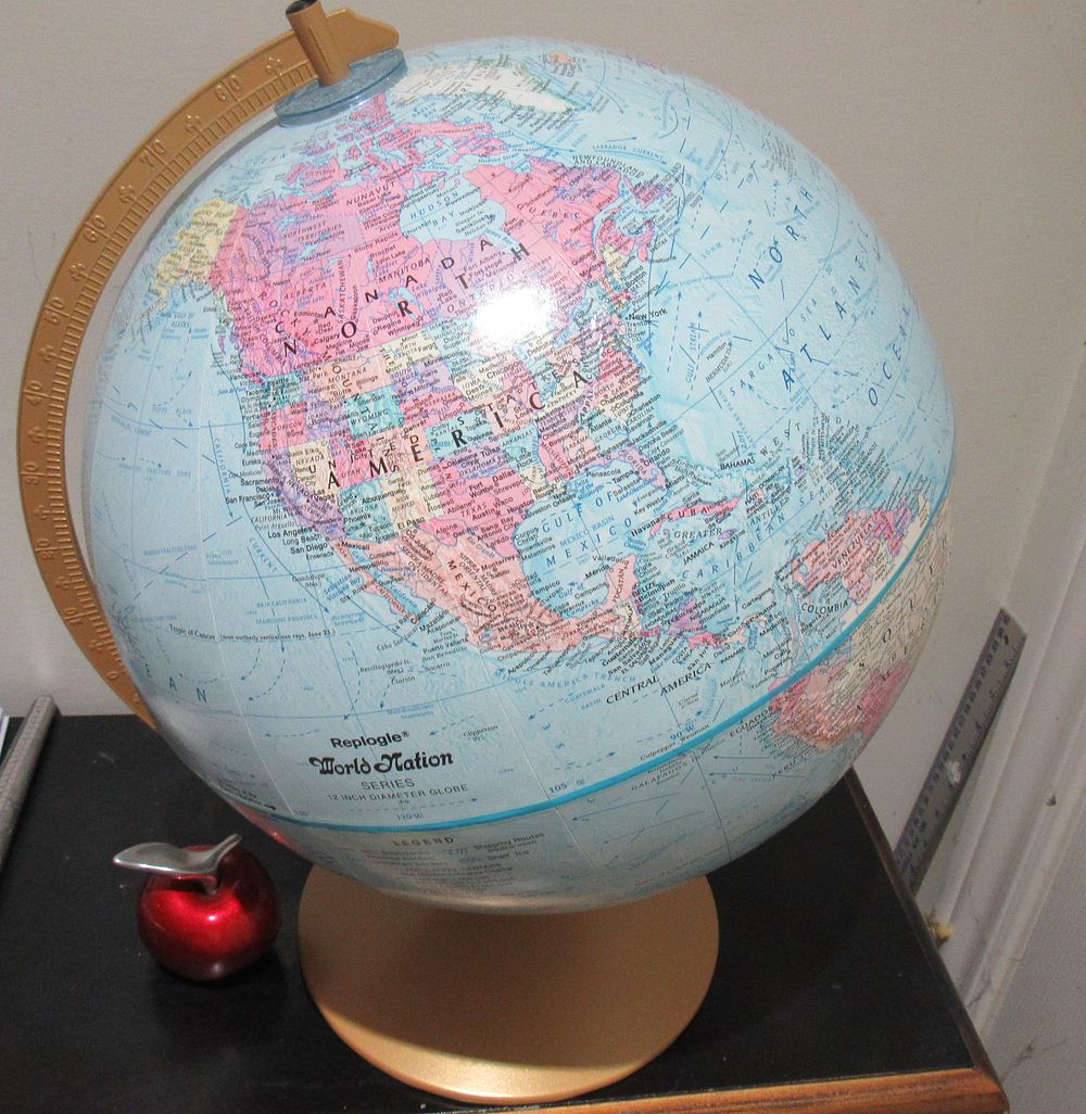 Lot 558: BIN PRICE $15. REPLOGLE WORLD NATION GLOBE. MADE IN USA. EXCELLENT CONDITION. HARD PLASTIC.