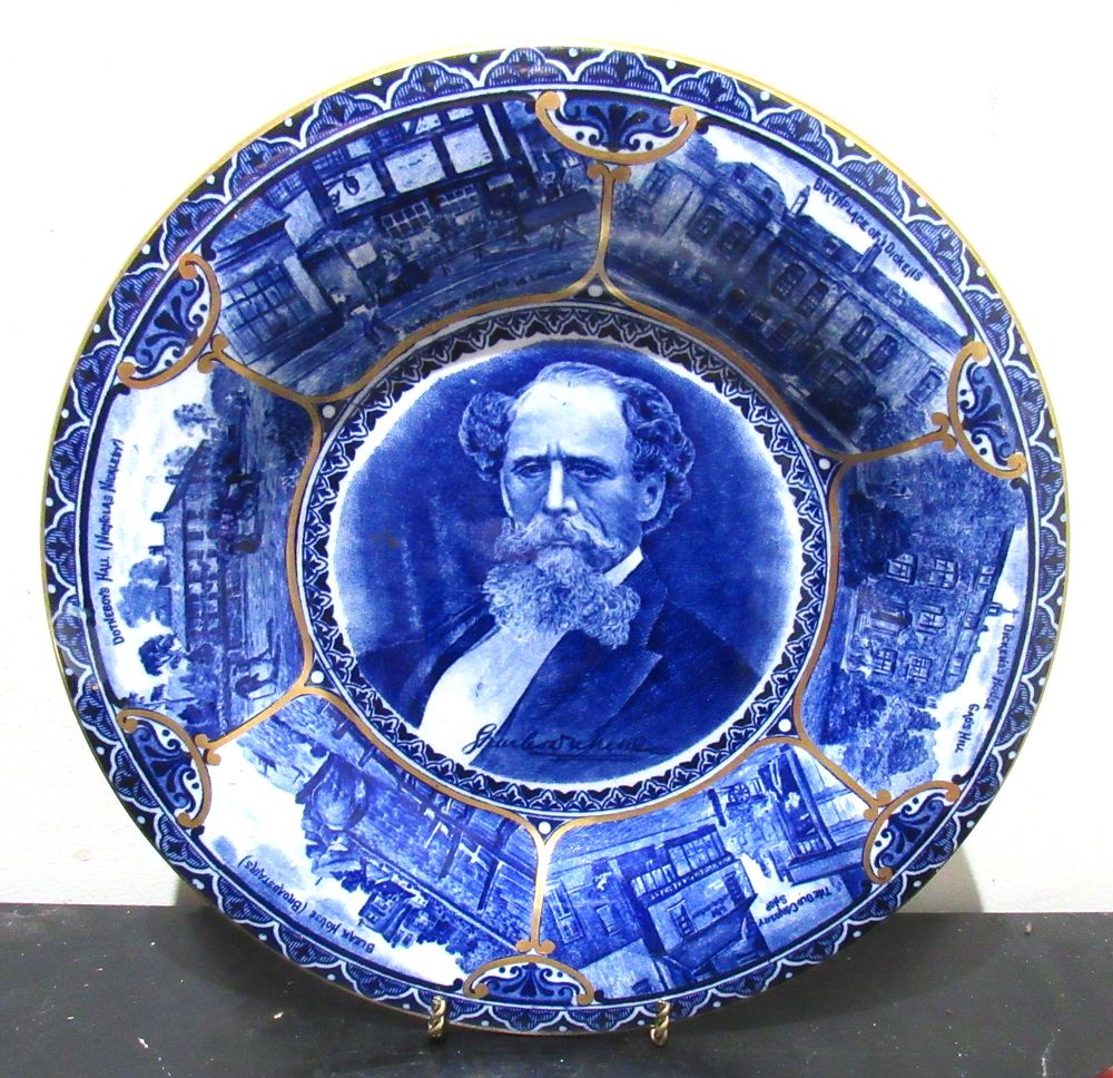 Lot 574: BUY-IT-NOW PRICE $25. ANTIQUE CHARLES DICKENS FLOW BLUE CABINET PLATE.