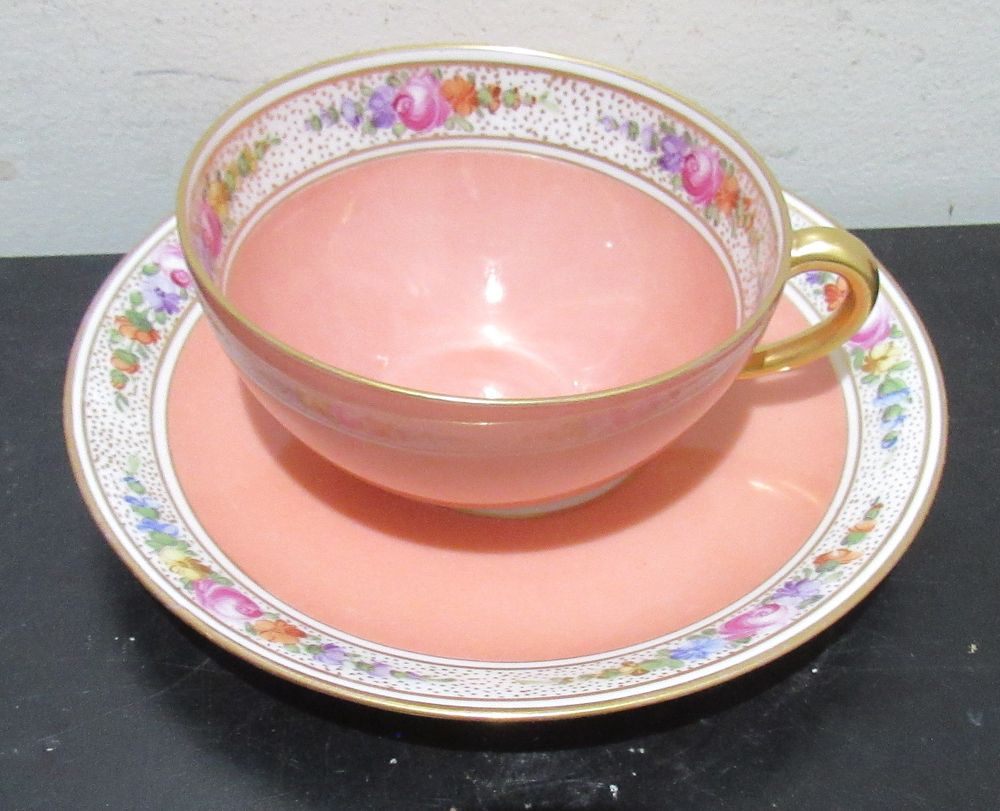 Lot 576: BUY-IT-NOW PRICE $10. DRESDEN FOR RYRIE BROS. (BIRKS) HANDECORATED CABINET CUP & SAUCER. STAND NOT INCLUDED.