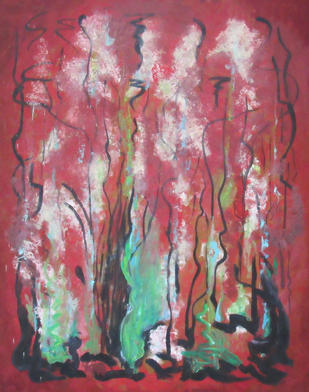 Lot 590: BUY-IT-NOW PRICE $75. LISTED CDN. ARTIST BERNICE DRUMMOND ADSTRACT PAINTING ON BOARD C.1960'S. ARTIST TITLED "FLAME" IMAGE SIZE 36" HIGH X27.5" WIDE