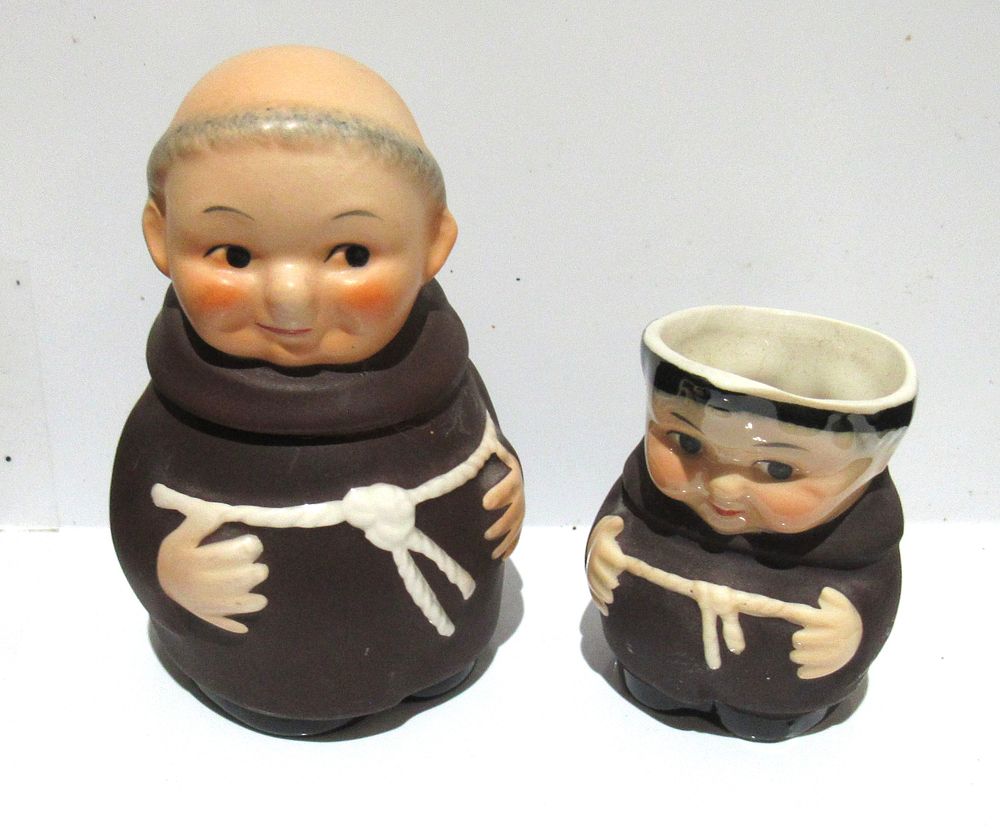 Lot 639: BUY-IT-NOW PRICE $10. GOEBEL/HUMMEL FRIAR TUCK CREAM AND SUGAR SET.