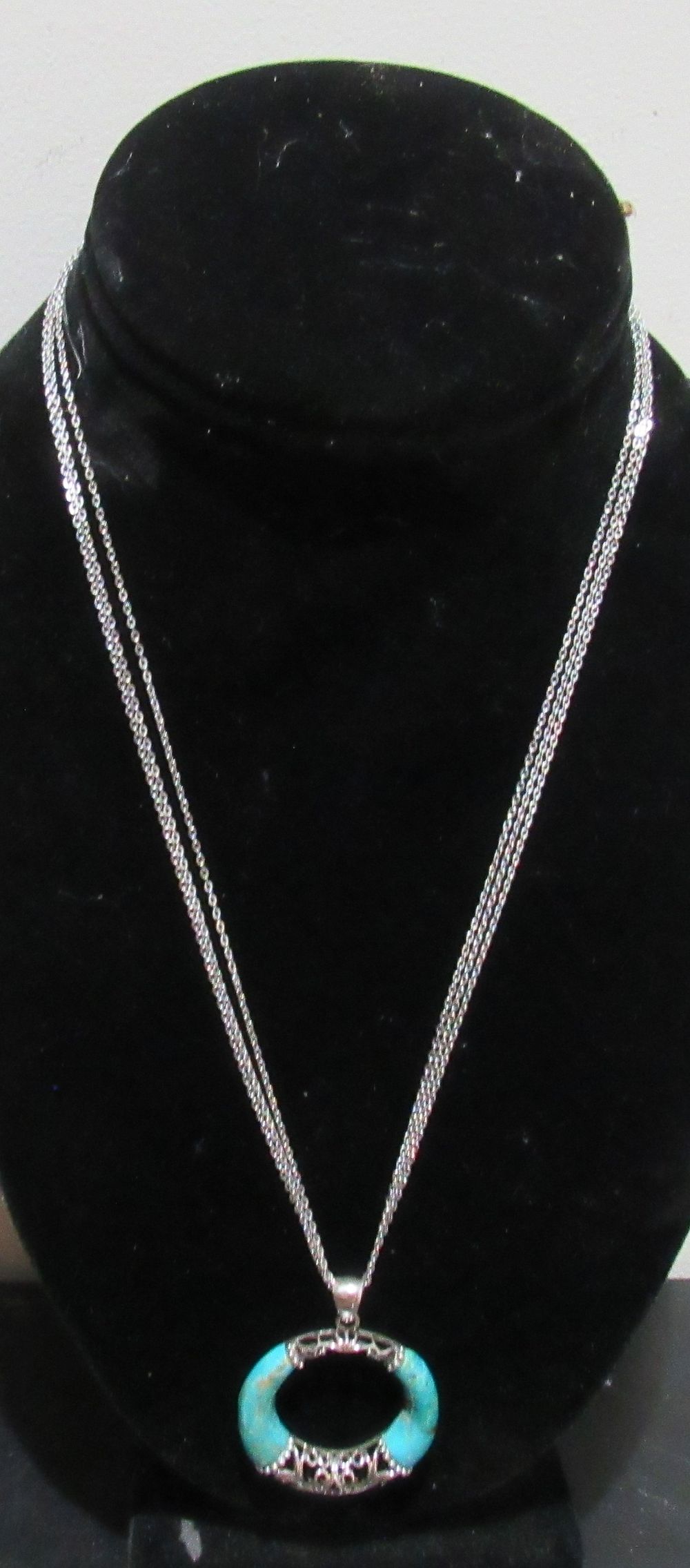 Lot 650: BUY-IT-NOW $75. SIGNED STAUER TRI-STRAND STERLING SILVER NECKLACE AND TURQUOISE PENDANT.