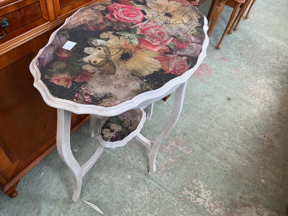 Lot 288: An Upcycled Queen Anne Style Two-Tier Occasional Table with Floral Decoupage Decoration