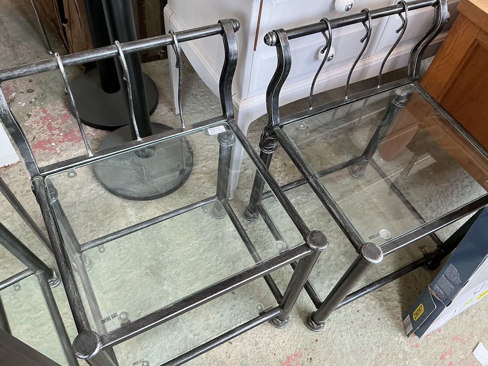 Lot 289: A Pair of Metal and Glass Two-Tier Bedside Tables