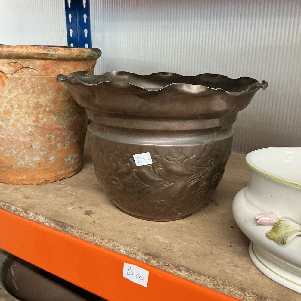 Lot 331: Late Victorian Arts and Crafts Embossed Copper Jardiniere
