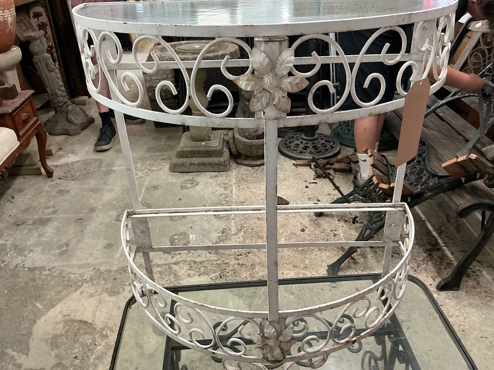 Lot 459: A Vintage White Painted Wrought Iron Demi-Lune Two-Tier Glass Top Console Table