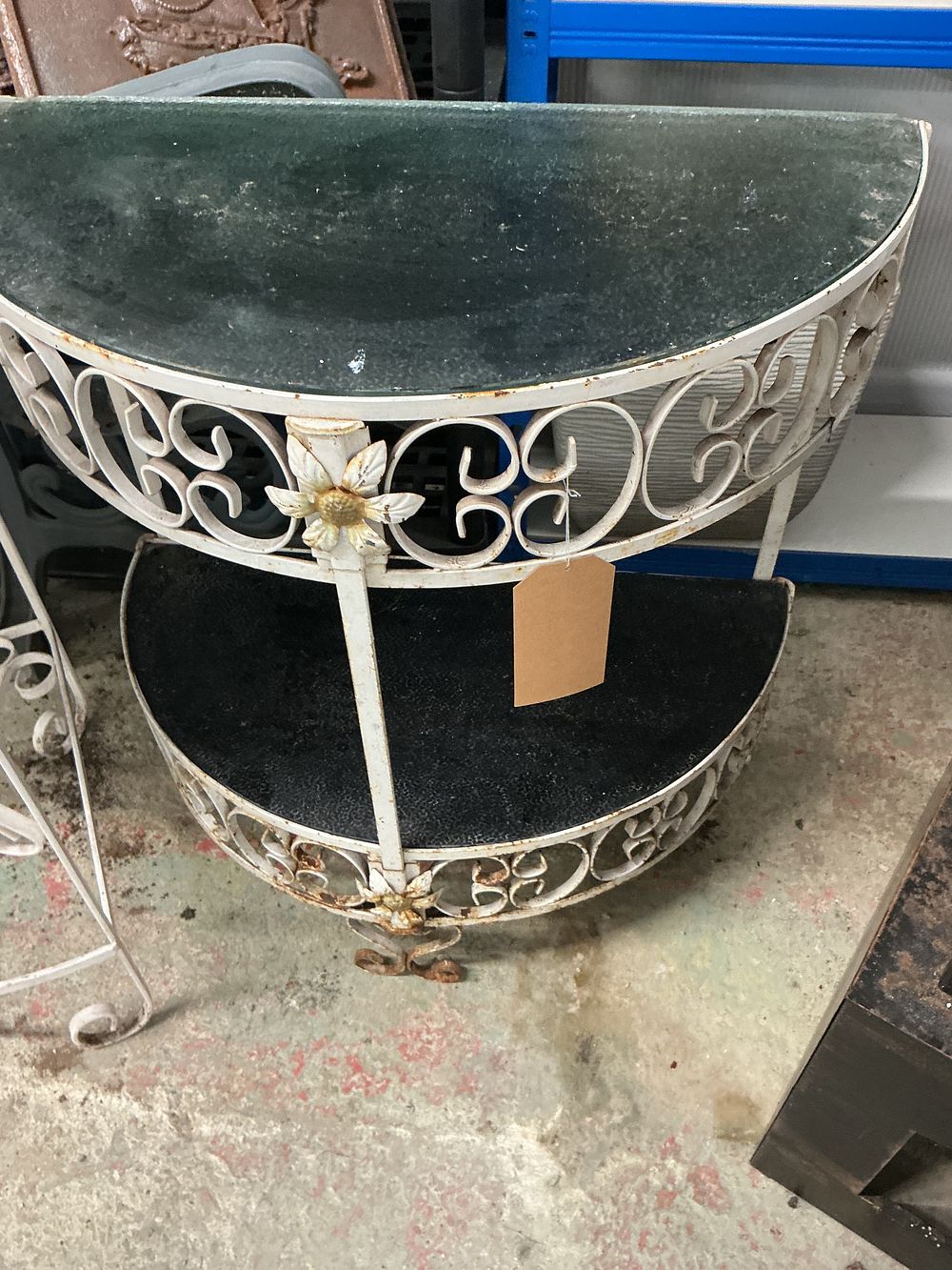 Lot 460: Mid-20th Century White Painted Wrought Iron Demilune Two-Tier Plant Stand