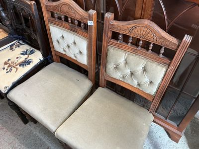 A Pair of Victorian Style Carved Hardwood Side Chairs with Tufted Upholstery
