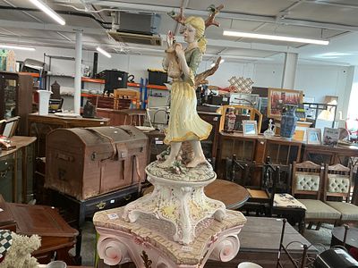 A Large Capodimonte-Style Glazed Ceramic Figure of a Maiden on Ornate Pedestal