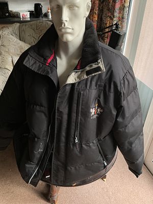 A Men's Vintage Black Padded Puffer Jacket with Embroidered Heraldic Crest. XLarge man's 