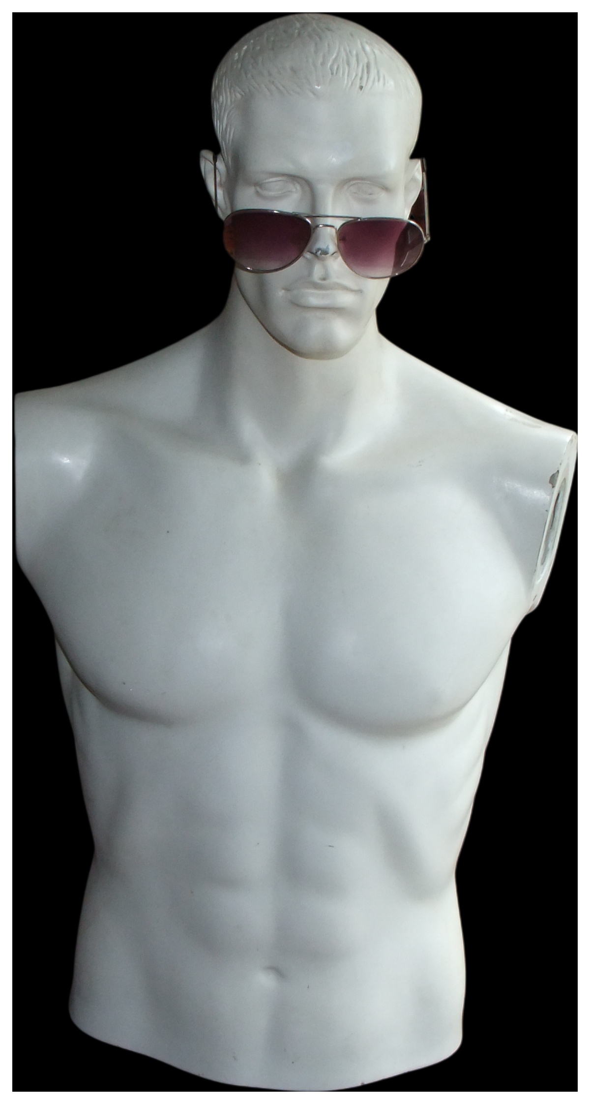 A Contemporary White Moulded Plastic Male Mannequin Torso and Head, Life sized.