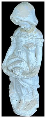 A cast reconstituted stone garden statue of a girl with puppies. A vintage garden ornament 